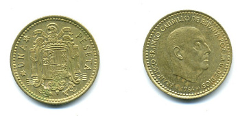 ИСПАНИЯ 1 ПЕСЕТА 1966 (72) ФРАНСИСКО ФРАНКО ДИКТАТОР ИСПАНИИ (1939-1975) КМ 796 алюминиевая бронза 54-326