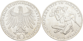 ФРГ 10 марок 1972 J, XX летние Олимпийские Игры, Мюнхен 1972, спортсмены KM 132, J. 403 серебро UNC 107-1223