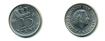 НИДЕРЛАНДЫ 25 ЦЕНТОВ 1964 ЮЛИАНА KM 183 никель 76-511