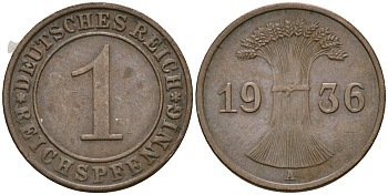 Германия 1 рейхспфенниг 1936 A KM 37, J. 313 бронза 4528-1226