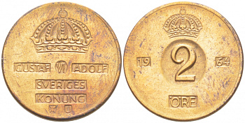Швеция 2 эре 1964 U, Густав VI Адольф (1950-1973) КМ 821 бронза 77-513