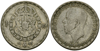 Швеция 1 крона 1943 G, Густав V (1907-1950) KM 814 серебро 4177-946