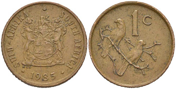ЮАР 1 цент 1985 герб, капские воробьи KM 82 бронза 218-1154