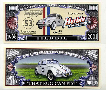 США 1000000 ДОЛЛАРОВ 2001 СУВЕНИРНАЯ БАНКНОТА, (1968-2001) 53 ГОДА ВЫПУСКУ ПЕРВОГО ФОЛЬКСВАГЕНА ЖУКА бумага UNC (ПРЕСС) 8588-13-1-2