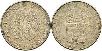 Швеция 1 крона 1964 U, Густав VI Адольф (1950-1973) KM 826 серебро 4542-515