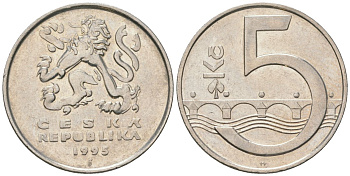 Чехия 5 крон 1995 b’, чешский лев, Карлов мост KM 8 сталь плакированная никелем aUNC 4592-135