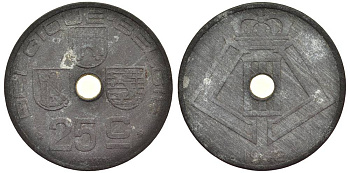 БЕЛЬГИЯ 25 САНТИМОВ 1942 BELGIQUE-BELGIE, ГЕРМАНСКАЯ ОККУПАЦИЯ, ВТОРАЯ МИРОВАЯ ВОЙНА KM 131 цинк 27-944