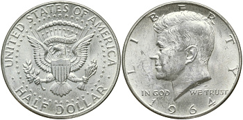 США 1/2 доллара (50 центов) 1964 Джон Кеннеди KM 202 серебро 84-746