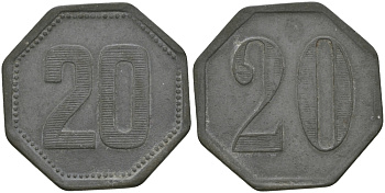 ФРАНЦИЯ 20 САНТИМОВ ND ПЛАТЕЖНЫЙ ЖЕТОН НАЧАЛА XX ВЕКА, ЦИФРЫ НОМИНАЛА 14 ММ., ВОСЬМИУГОЛЬНАЯ, РАЗМЕР 23 ММ. цинк 98-1012