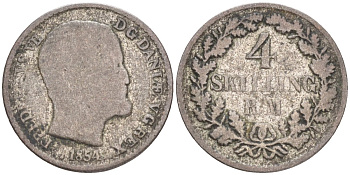 Дания 4 скиллинга 1854 RM, Фредерик VII (1848-1863) KM 758.1 (С136.1) серебро 192-163