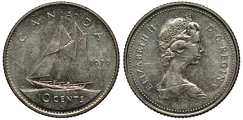 Канада 10 центов 1979 Елизавета II (1952-2022), парусник KM 77.2 никель 4181-338