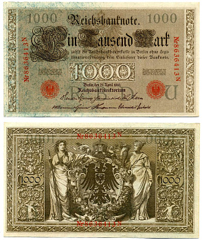 Германия 1000 марок 1910 21 апреля 1910, буква U, номер семизначный, серия N, выпуск (10.1922) Pick 44b, Розенберг 45с бумага 8618-21-1-2