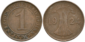 Германия 1 рентенпфенниг 1924 A KM 30, J. 306 бронза 4608-266