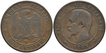 ФРАНЦИЯ 10 САНТИМОВ 1855 В, НАПОЛЕОН III (1852-1870) KM 771.2, LE FRANC 133.21 бронза 32-921