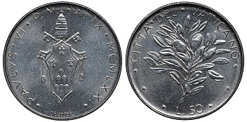 Ватикан 50 лир 1971 папа Павел VI (1963-1978) KM 121 нержавеющая сталь UNC 4579-636