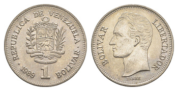 Венесуэла 1 боливар 1989 Симон Боливар, тонкий шрифт Y 52a.1 сталь плакированная никелем 4589-451