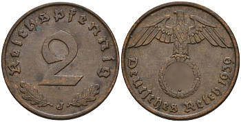 Германия 2 рейхспфеннига 1939 J KM 90, J. 362 бронза 4151-153