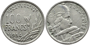 ФРАНЦИЯ 100 ФРАНКОВ 1954 KM 919.1, LE FRANC 450.2 медно-никель 4393-1212