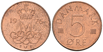 Дания 5 эре 1976 S; B, Маргрете II (1972- ) KM 859.1 железо плакированное медью 54-1052