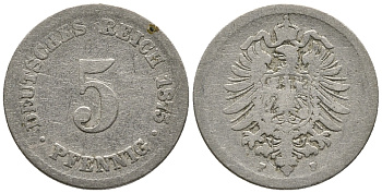 ГЕРМАНИЯ 5 ПФЕННИГОВ 1875 F, СТАРОГЕРБОВКА KM 3, J. 3 медно-никель 39-329