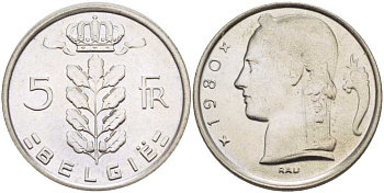 БЕЛЬГИЯ 5 ФРАНКОВ 1980 BELGIE, БОДУЭН I (1951-1993) KM 135.1 медно-никель UNC 213-435