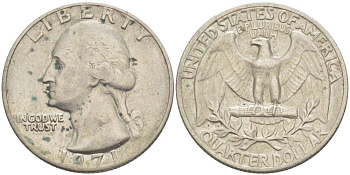 США 25 центов (квотер) 1971 Вашингтон KM 164а медь плакированная медно-никелем 216-1053