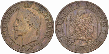 ФРАНЦИЯ 5 САНТИМОВ 1861 A, НАПОЛЕОН III (1852-1870) KM 797.1, LE FRANC 117.2 бронза 108-451