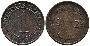 ГЕРМАНИЯ 1 РЕЙХСПФЕННИГ 1924 A KM 37, J. 313 бронза 39-859