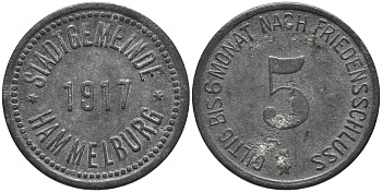 ХАММЕЛЬБУРГ 5 ПФЕННИГОВ 1917 НОТГЕЛЬД, ДЕЙСТВИТЕЛЕН 6 МЕСЯЦЕВ ПОСЛЕ ПОДПИСАНИЯ МИРНОГО ДОГОВОРА, ЗЕМЛЯ БАВАРИЯ цинк 4387-1019