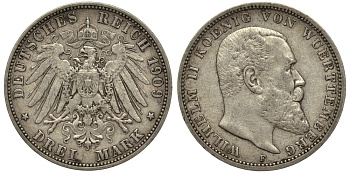 Вюртемберг 3 марки 1909 F, Вильгельм II (1891-1918) Weege 171, J.175, KM 635 серебро 413-2021