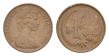 Австралия 1 цент 1976 Елизавета II (1952-2022), молодой портрет, опоссум KM 62 бронза 4585-446