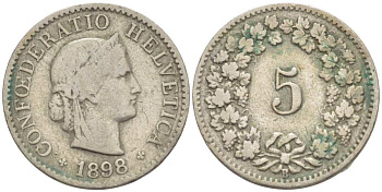 ШВЕЙЦАРИЯ 5 РАППЕНОВ 1898 В KM 26 медно-никель 3955-1119