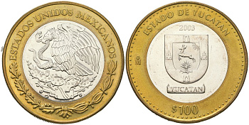 Мексика 100 песо 2003 180 лет Федерации - Юкатан KM 689 биметалл, серебро BU 00-1067-10-52
