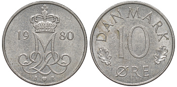 Дания 10 эре 1980 Маргрете II (1972-2024) KM 860.2 медно-никель 45-1141