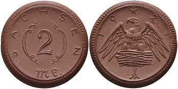 Саксония 2 марки 1921 J. N 56 фарфор 1094-2-13