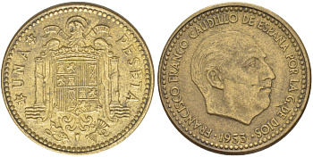 ИСПАНИЯ 1 ПЕСЕТА 1953 (63) ФРАНСИСКО ФРАНКО ДИКТАТОР ИСПАНИИ ( 1939- 1975) KM 775 алюминиевая бронза 216-546
