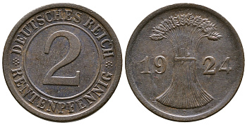 ГЕРМАНИЯ 2 РЕНТЕНПФЕННИГА 1924 A KM 31, J.307 бронза 86-954
