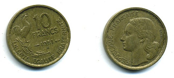 Франция 10 франков 1951 B, петух KM 915.2, Le Franc 363.5 алюминиевая бронза 46-425