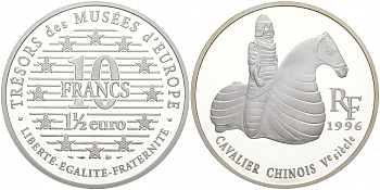 Франция 10 франков = 1 1/2 евро 1996 серия сокровища музеев Европы, китайский всадник KM 1158 серебро PROOF 02-039-32