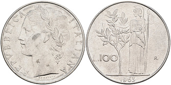 Италия 100 лир 1963 R, Афина в доспехах KM 96.1 нержавеющая сталь 4683-445