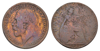 Великобритания 1/2 пенни 1921 Георг V (1910-1936) KM 809, Spink 4056 бронза 4700-1212