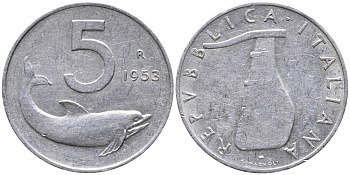 Италия 5 лир 1953 R, дельфин, плуг KM 92 алюминий 100-536