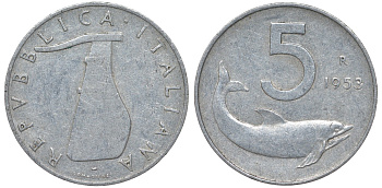 Италия 5 лир 1953 R, дельфин, плуг KM 92 алюминий 4164-419
