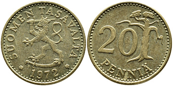 Финляндия 20 пенни 1972 S KM 47 алюминиевая бронза 4622-356