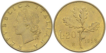 ИТАЛИЯ 20 ЛИР 1958 R, ДУБОВЫЙ ЛИСТ KM 97.1 алюминиевая бронза 4523-644