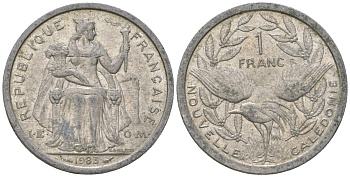 Французская Новая Каледония 1 франк 1983 птица кагу, (IEOM) KM 10, Schoen 10, Lec 46 алюминий    51-2416