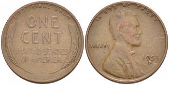 США 1 ЦЕНТ 1953 D ЛИНКОЛЬН KM A132 медь цинк 3309-238