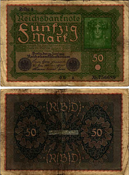 ГЕРМАНИЯ 50 МАРОК 1919 24 ИЮНЯ 1919, REIHE I, СЕРИЯ OG, ВЫПУСК С НОЯБРЯ 1919 ГОДА Pick 66, Rosenberg 62аа бумага 8607-99-1