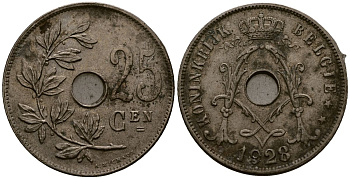 Бельгия 25 сантимов 1928 Belgie KM 69 медно-никель 4131-831