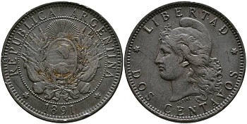 Аргентина 2 сентаво 1891 голова свободы влево KM 8 бронза 4531-1033